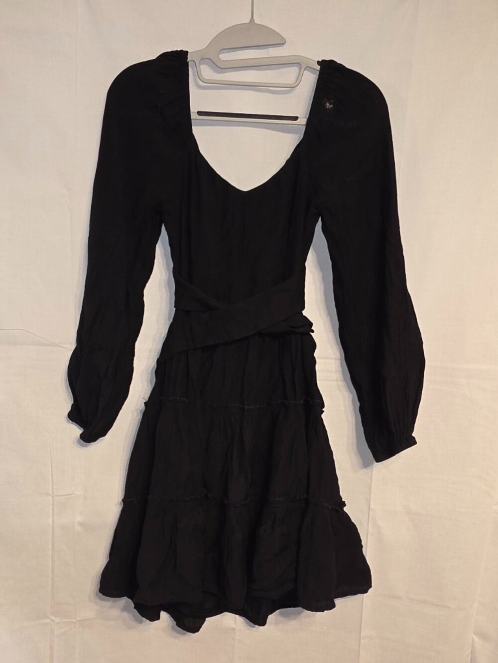 Altard State Black Dress Long Puff Sleeve V Neck Double Tie Back Sz XS Boho